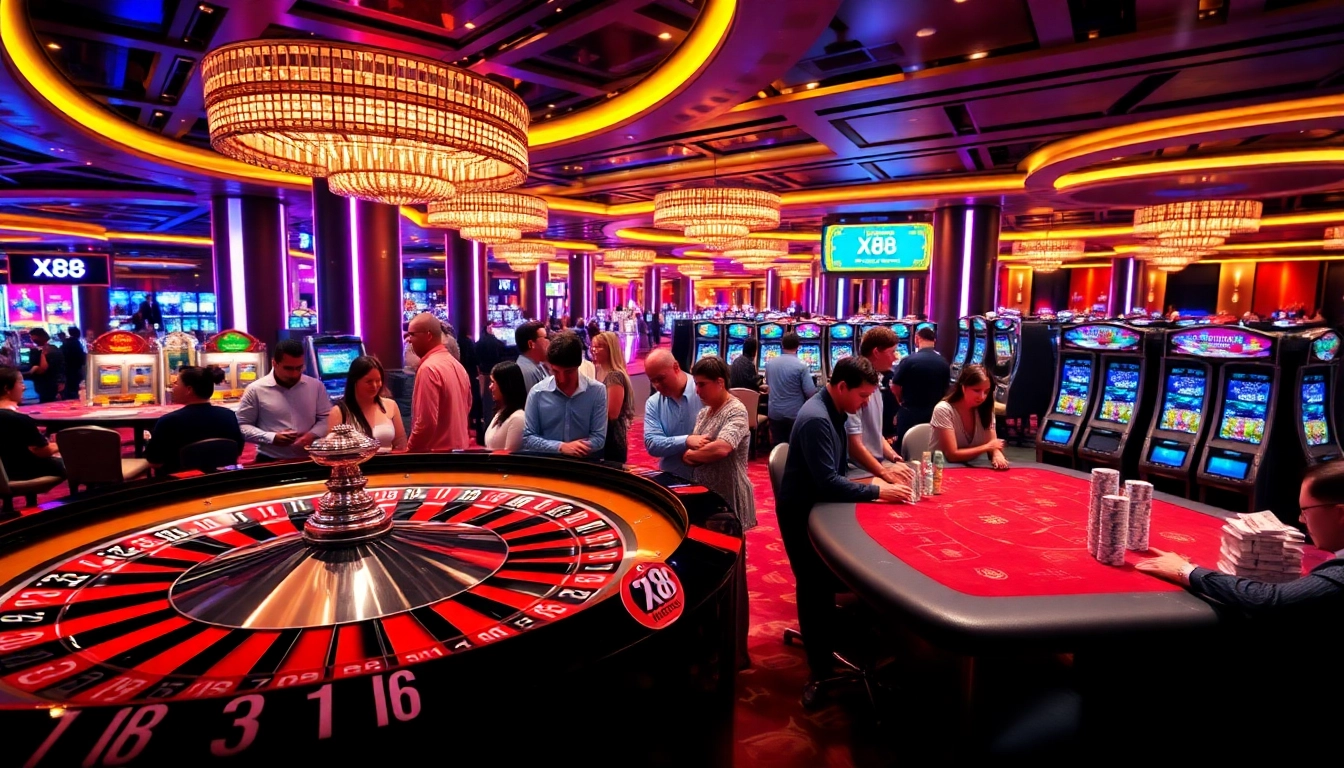 X88 casino scene featuring roulette and poker games exuding luxury and excitement.