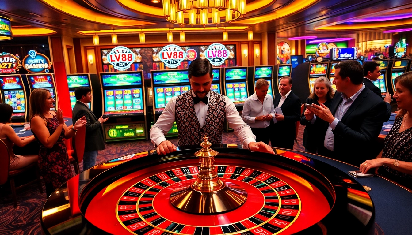 Experience excitement at LV88's roulette table with lively players and vibrant chips.