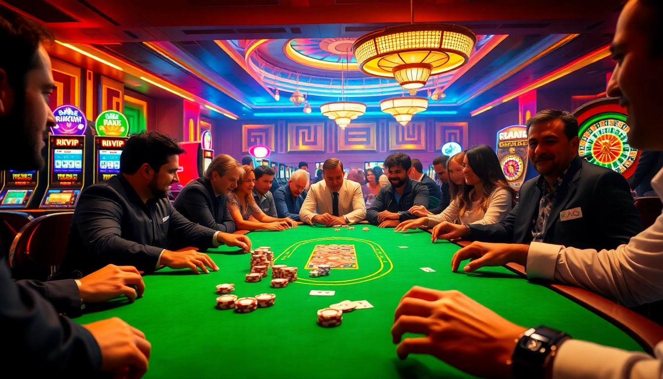 Players engage in a lively game of poker at a luxurious RIKVIP-themed casino table.