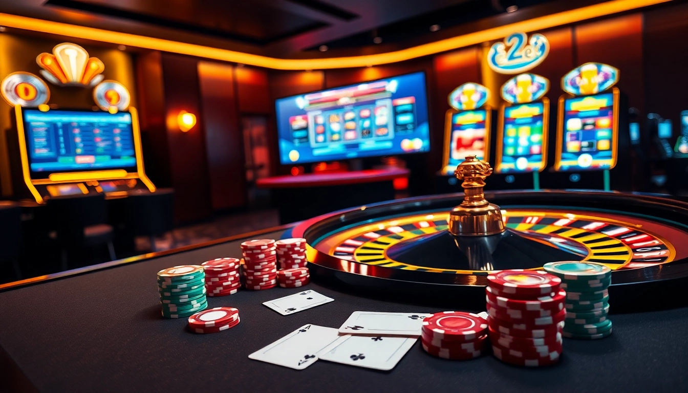 Experience thrilling action at nhà cái e2bet with colorful chips, cards and a digital roulette wheel.