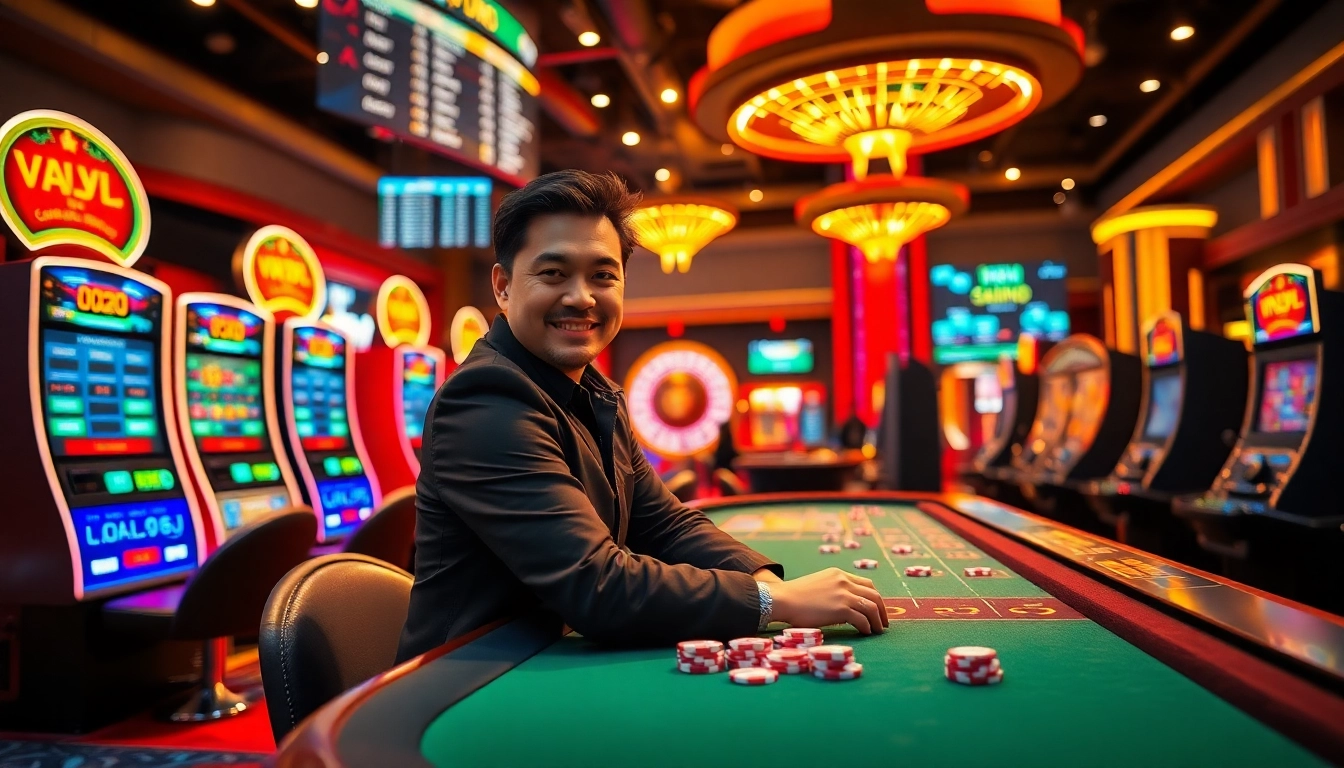 Engaging player at a VVJL casino table surrounded by vibrant slot machines and glowing decor.