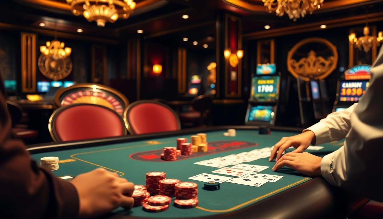 Engaging high-stakes poker scene highlighting the excitement of gambling at https://bl555.training/ with luxurious decor and action.