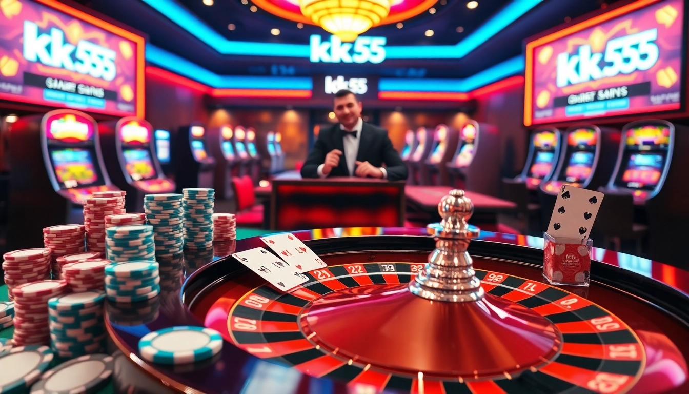 Engaging online casino scene with gambling elements at https://kk55.gratis/ showcasing roulette, poker, and slot machines.