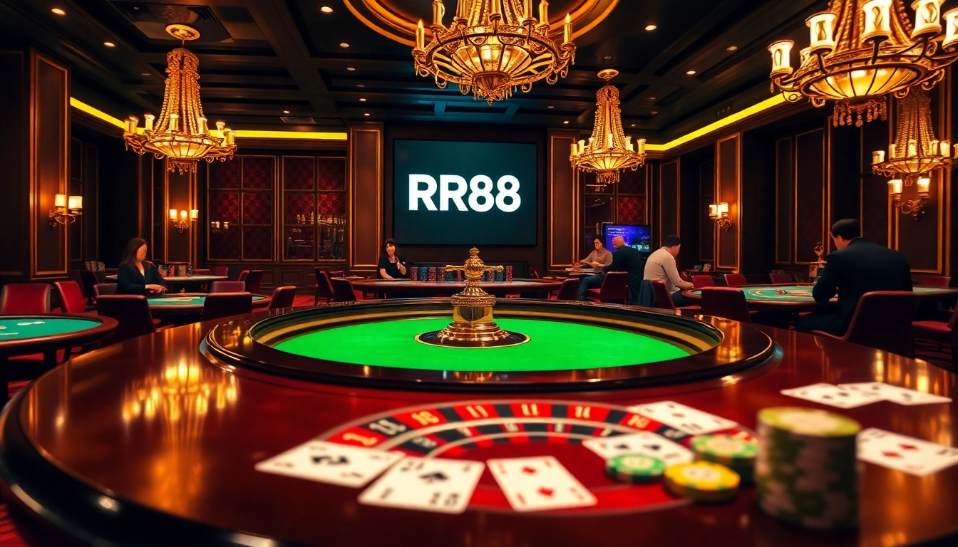 Engage in thrilling casino gameplay at RR88 with vibrant cards and poker chips.