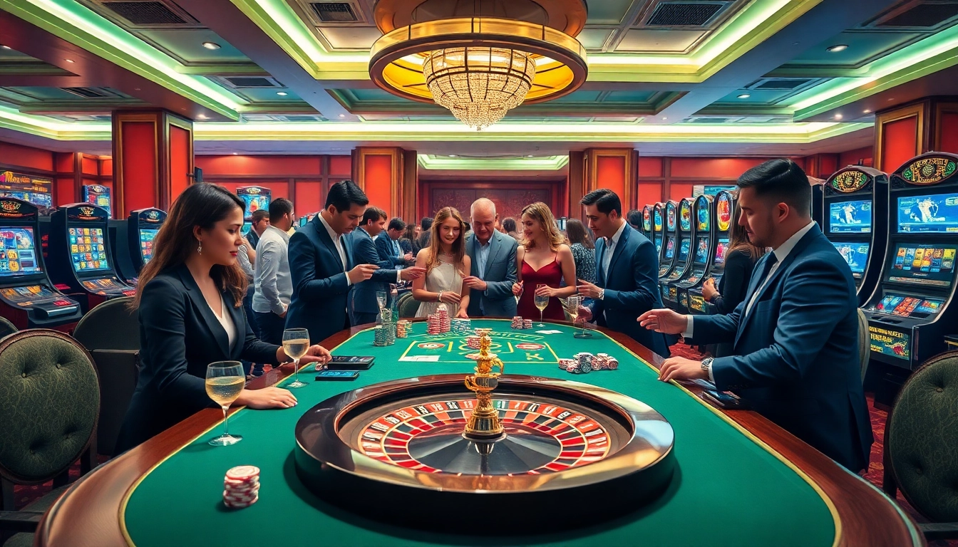 Gamblers enjoying an exciting atmosphere at a luxurious casino table featuring 58win poker chips and cards.