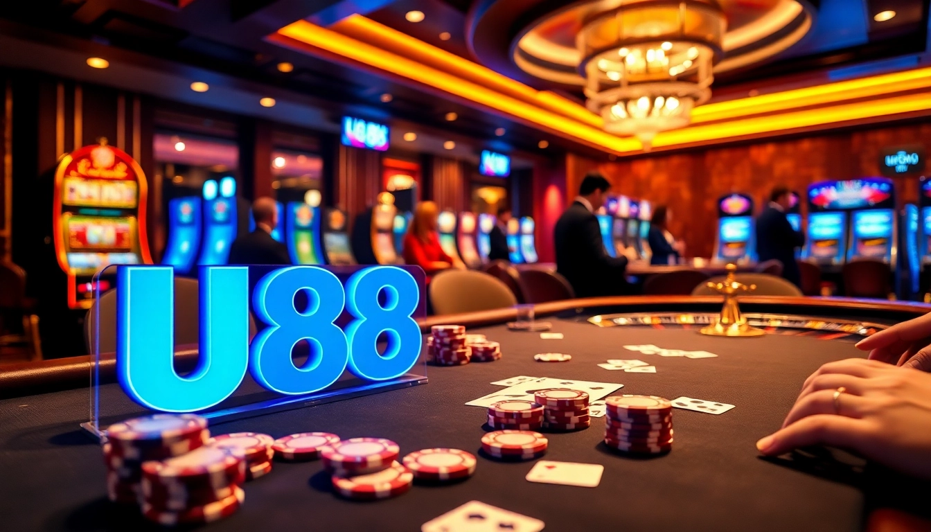 U888 poker action with vibrant chips and cards in a luxurious casino setting.