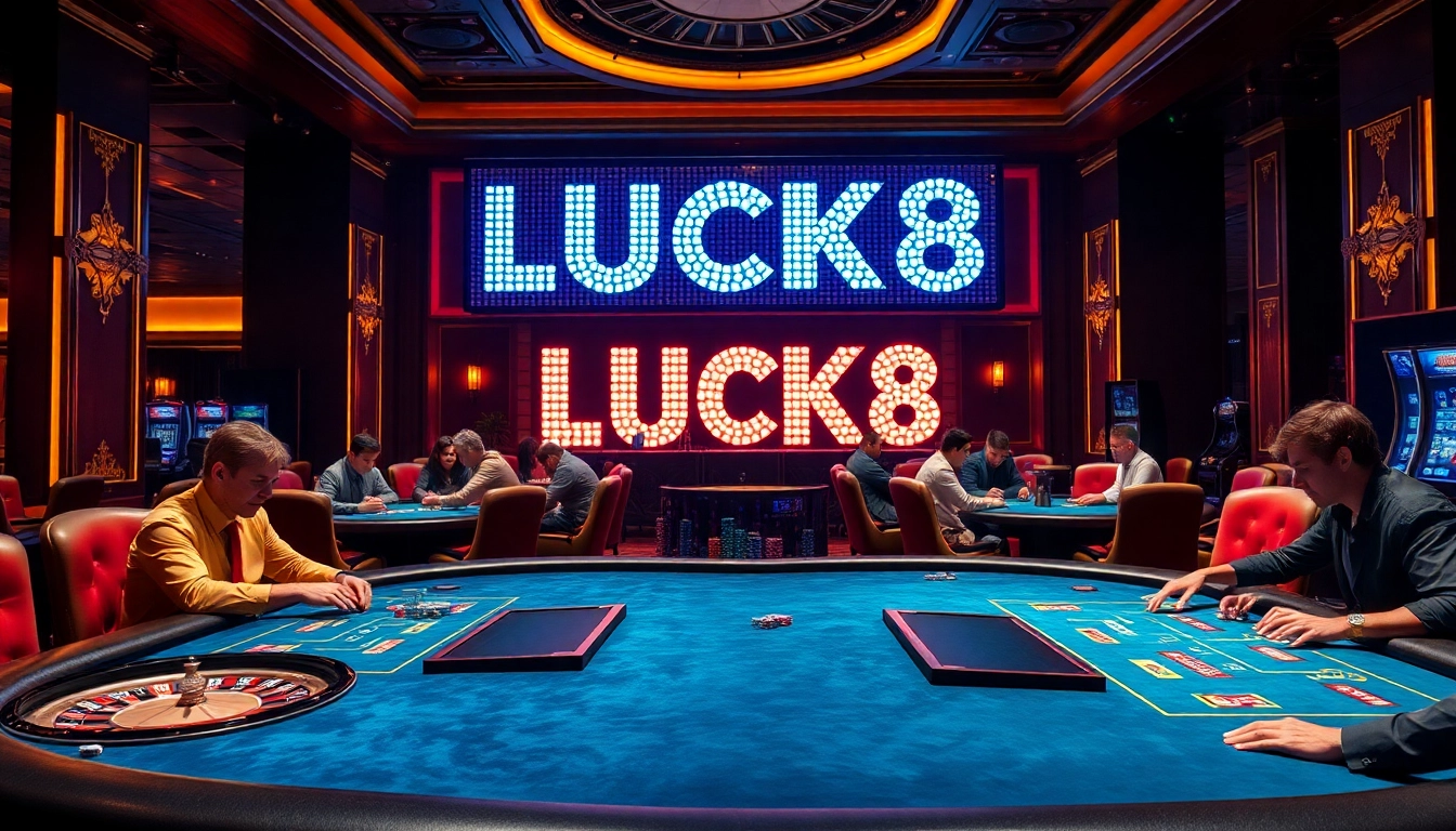 Exciting high-stakes poker action at LUCK8 casino, showcasing luxury and thrill of gambling.