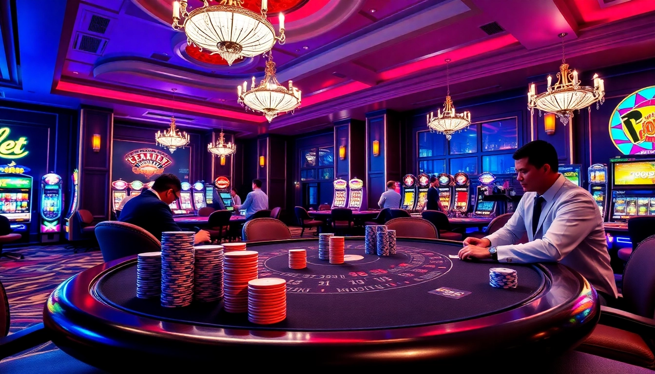 KP88 engaging players in high-stakes poker and exciting roulette action at a luxury casino.