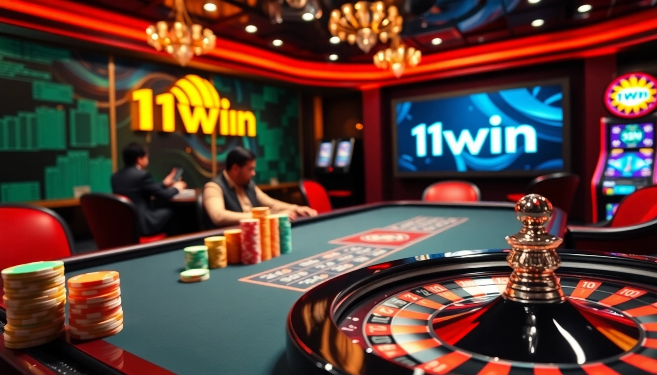 11win online casino vibrant gameplay with poker chips and a glowing roulette wheel.