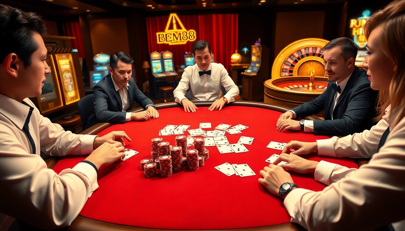 Exciting poker action at a bem88 casino table featuring professional players and vibrant chips.