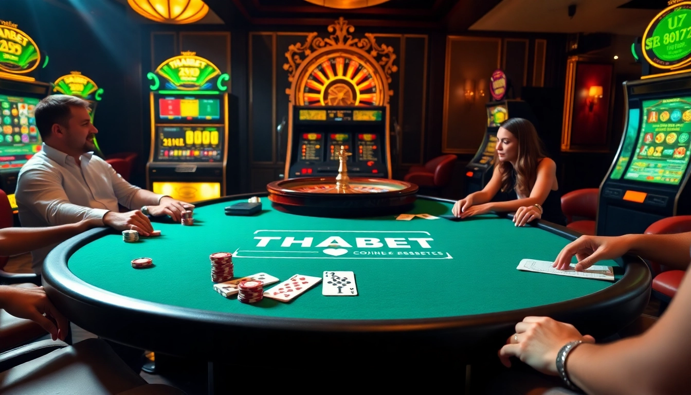 Players enjoying intense action at a THABET gaming table in a vibrant casino atmosphere.