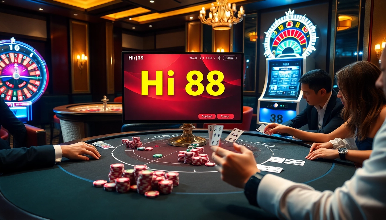 Experience the excitement at Hi88 with vibrant poker chips and an elegant casino setting.