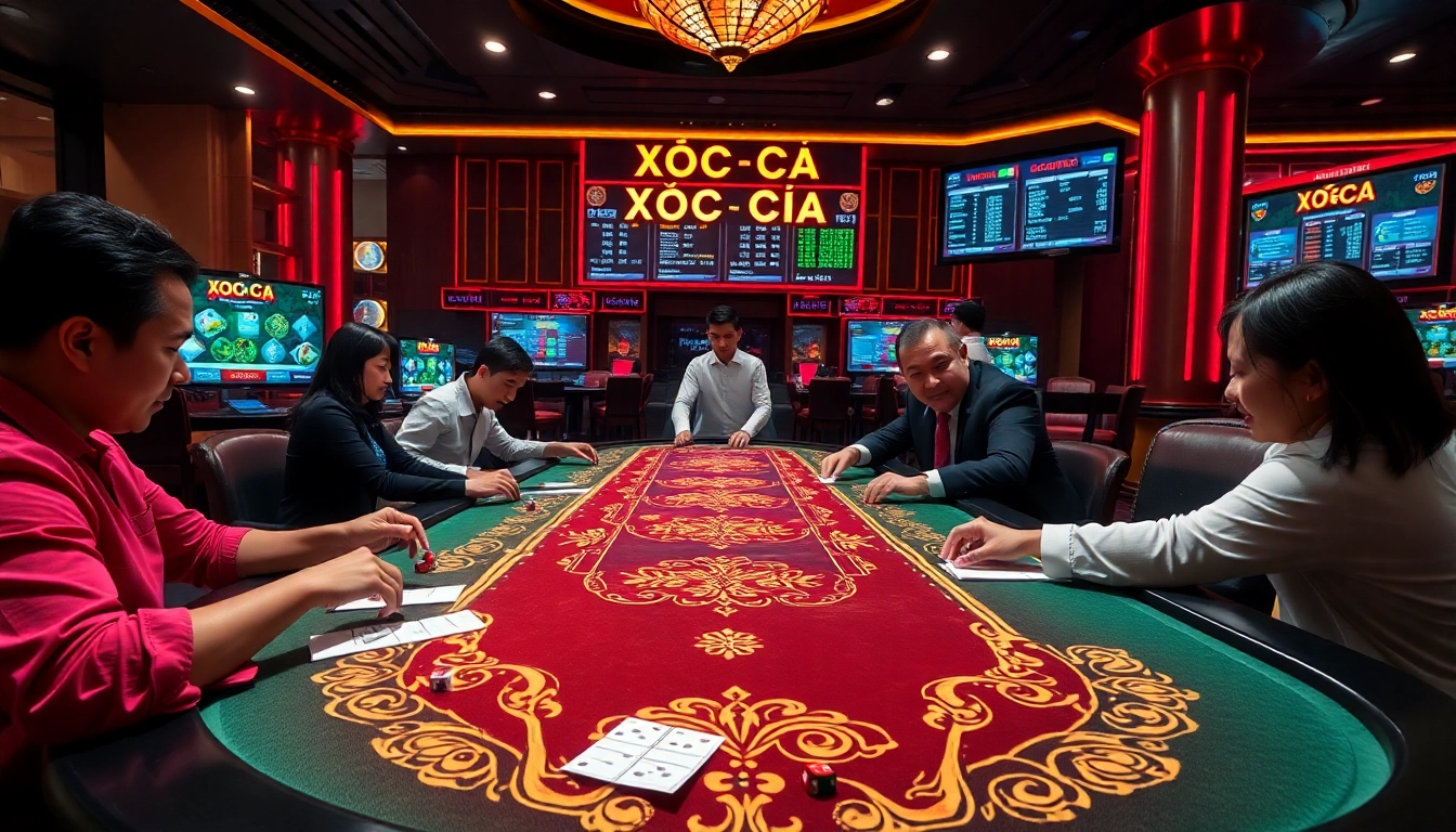 Players enjoying Xóc Đĩa at https://xocdias.com.co/, with vibrant action and betting excitement.