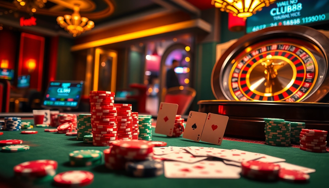 SCLUB88 players enjoying a lively casino atmosphere with vibrant tables and exciting games.