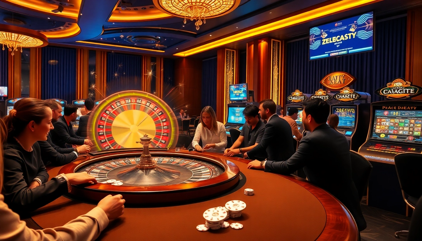 Experience the thrill of zbet online gambling with an engaging casino scene featuring players at a roulette table.