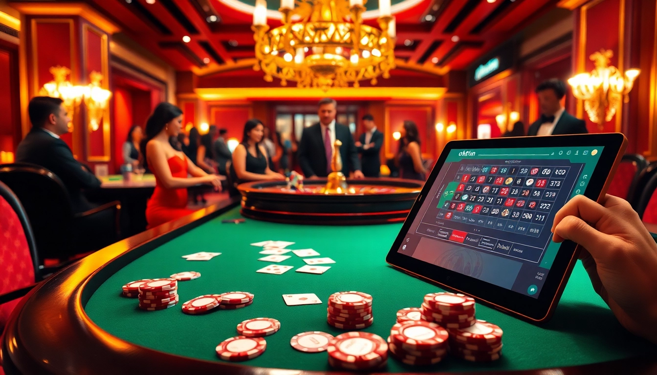 Experience the excitement of betting at an okfun-themed casino table with vibrant roulette and poker elements.
