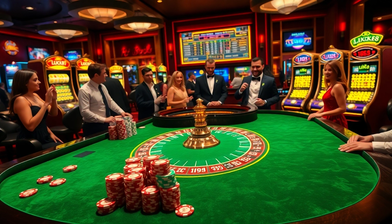 Người chơi tận hưởng một trò chơi đầy phấn khích tại bàn roulette LUCK8, giữa vòng quay của các máy xèng đầy màu sắc và chip cược.