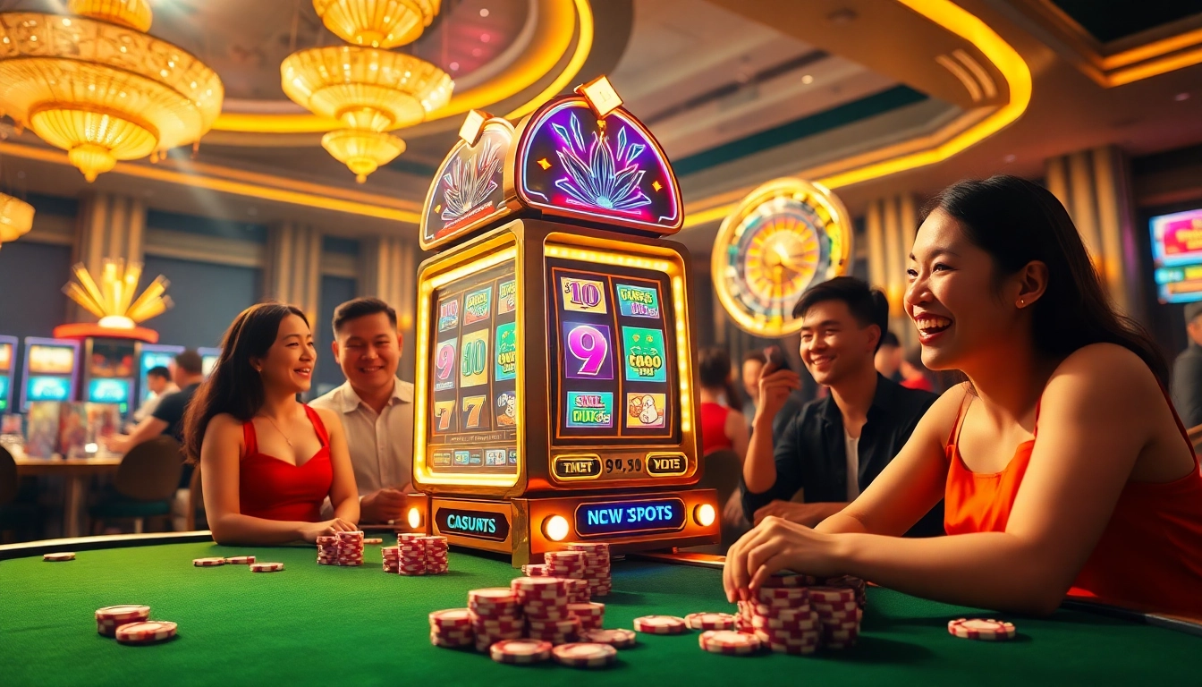 Players enjoy the excitement of PG99 nổ hũ at a luxurious casino, celebrating big wins by slot machines.