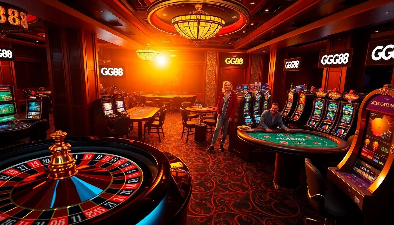 Experience the exhilarating atmosphere of GG88 with players enjoying slot machines and poker tables in a luxurious casino.