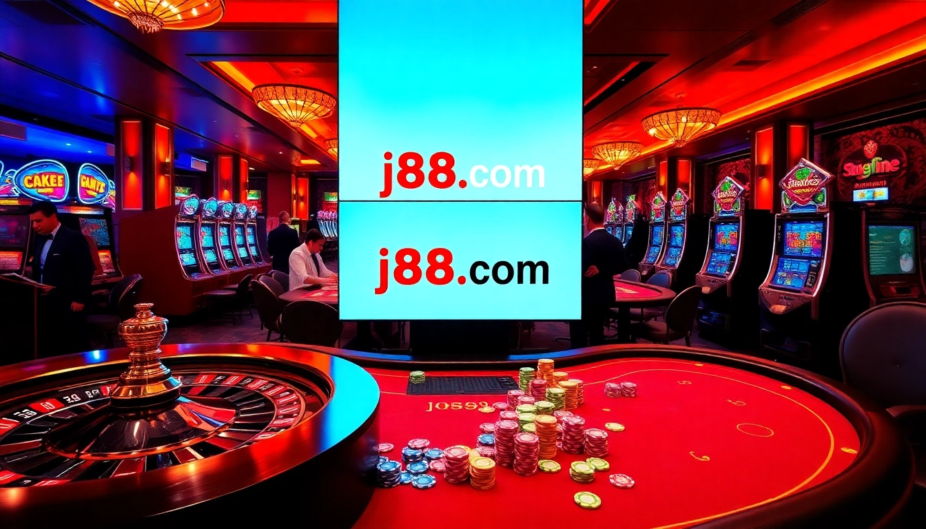 Engage in the excitement of j88.c0m with vibrant casino tables, cards, and chips.