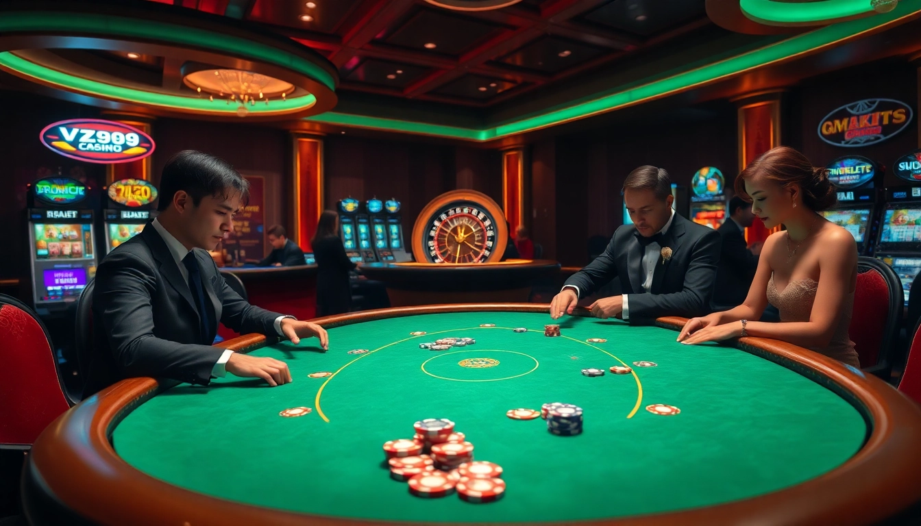 Players experiencing excitement at a VZ99 casino poker table with high stakes.