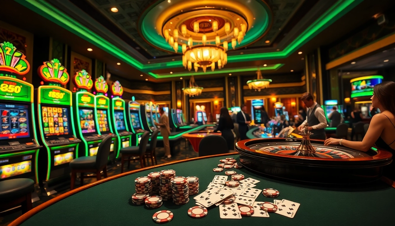 Experience the excitement of 88i casino gaming at a luxurious table with vibrant slot machines and poker action.