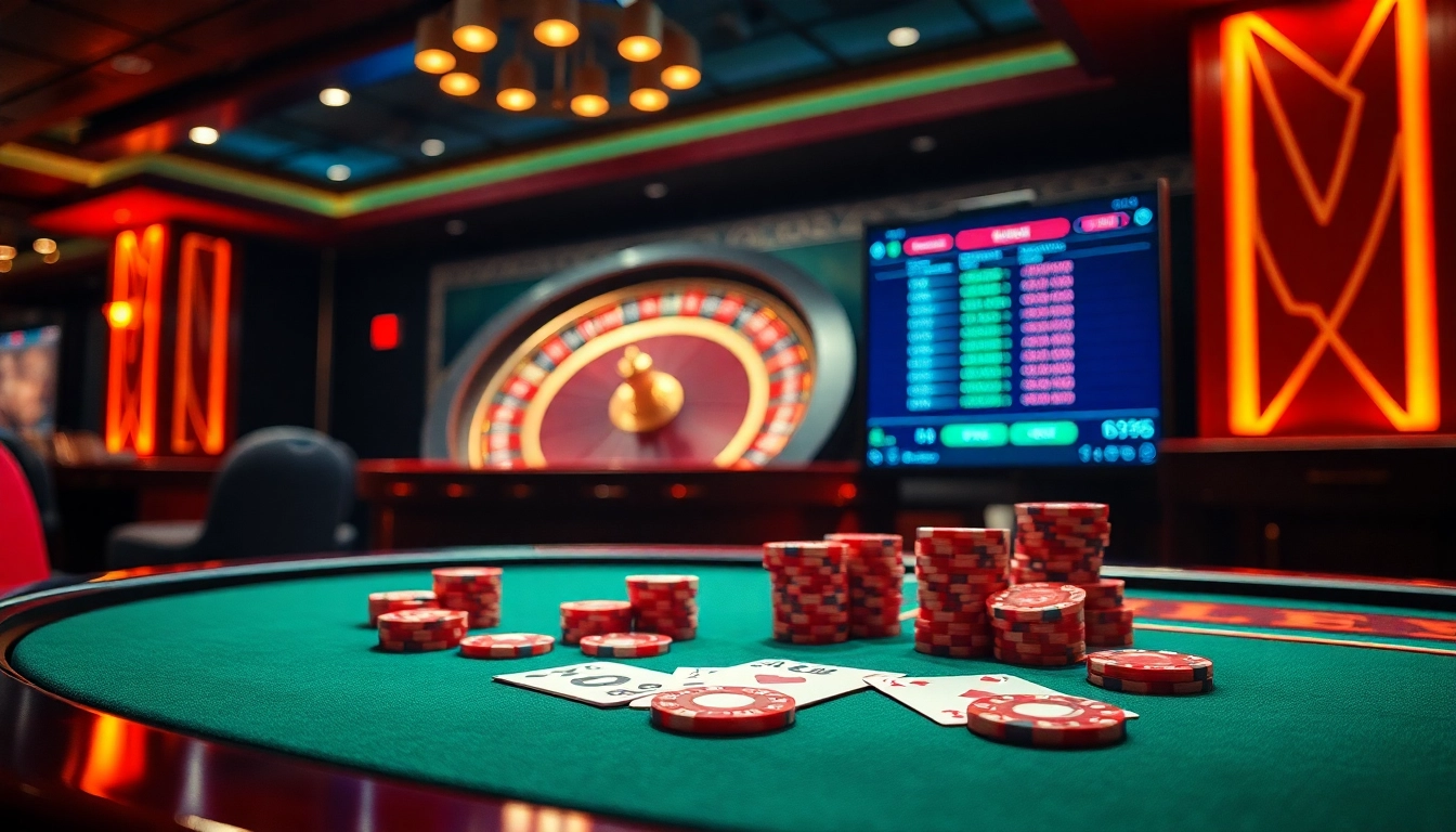 Excited players at au88bet.it.com engage in high-stakes poker with vibrant chips and a spinning roulette wheel.