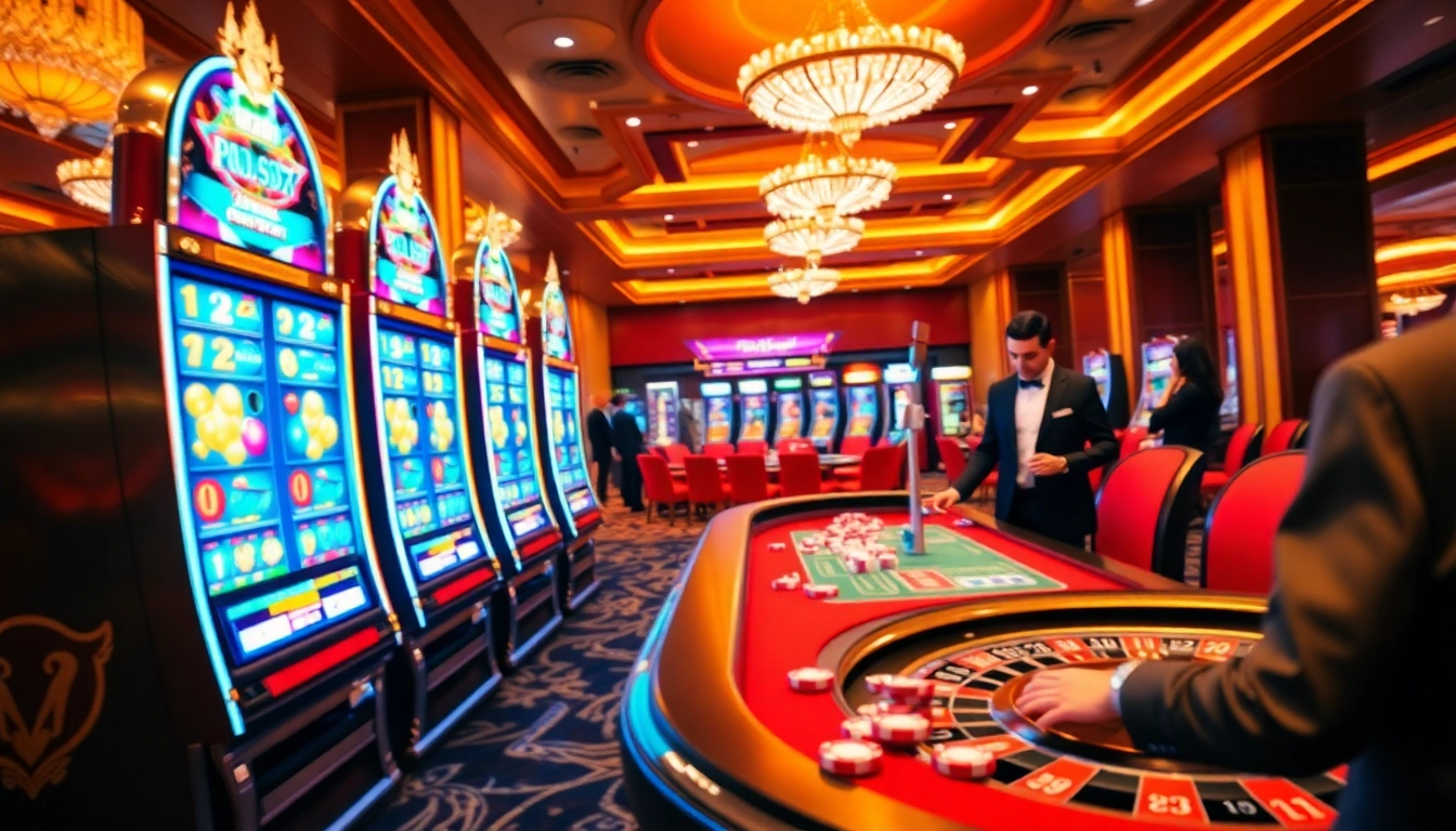 Engage with pg88 slot machines in a vibrant casino scene filled with colorful lights and elegant casino elements.