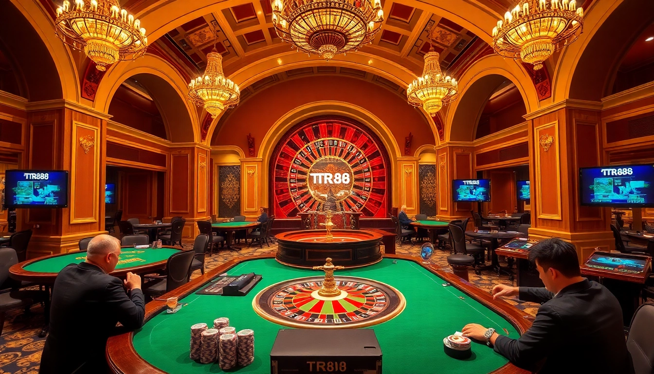 Excited gamblers playing at high-stakes tables, featuring TR88 gaming technology in a luxury casino.