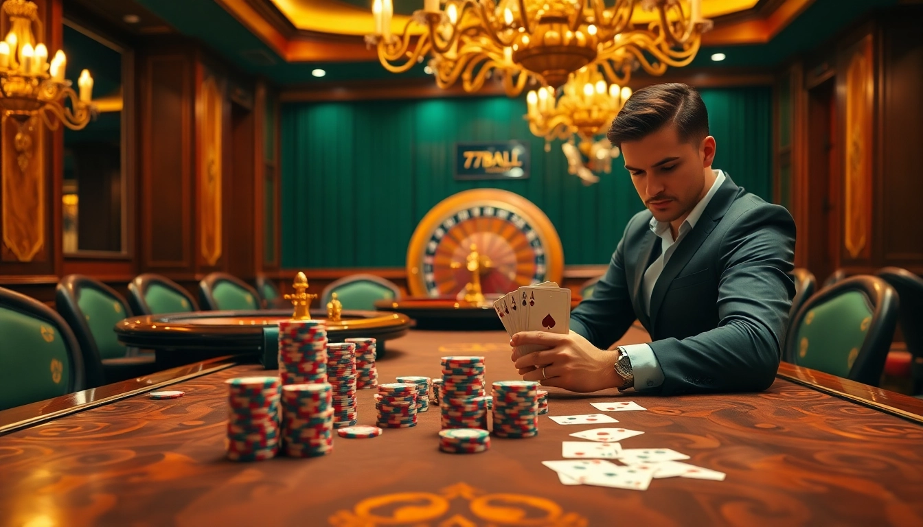 Raising stakes in an exhilarating poker game at 77BALL, showcasing vibrant chips and luxurious ambiance.