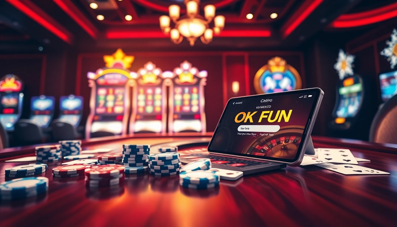 Engaging gamblers in the process of đăng nhập okfun on a vibrant casino floor filled with excitement.