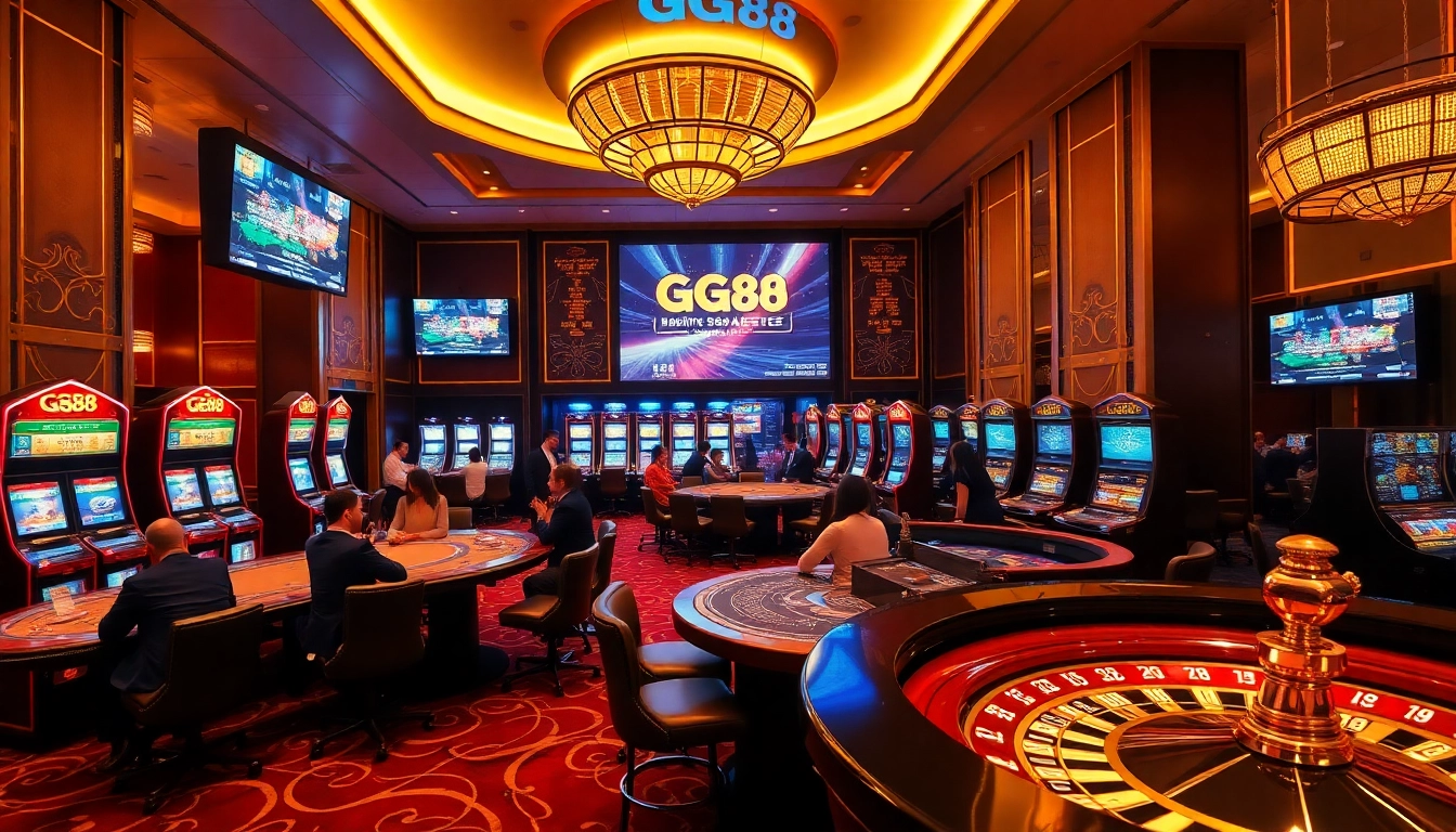 Players enjoying high-stakes gaming at the GG88 casino, surrounded by vibrant slots and roulette wheels.