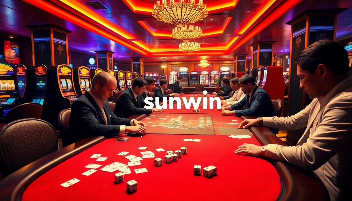 Experience sunwin's thrilling gameplay in a luxurious casino with poker and slot machines.