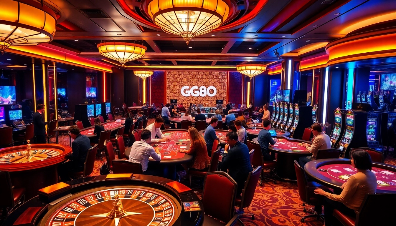 GG88 casino gaming scene showcasing vibrant roulette and poker tables, enhancing player experience.