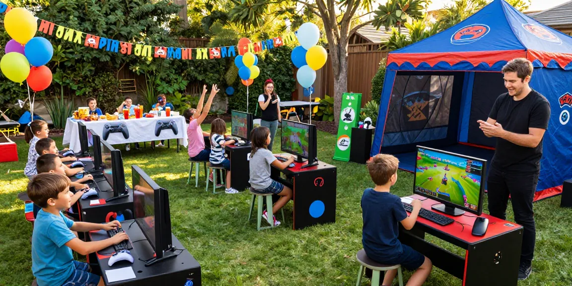 Gaming party London in a vibrant garden setting with kids enjoying video games and festive decorations.